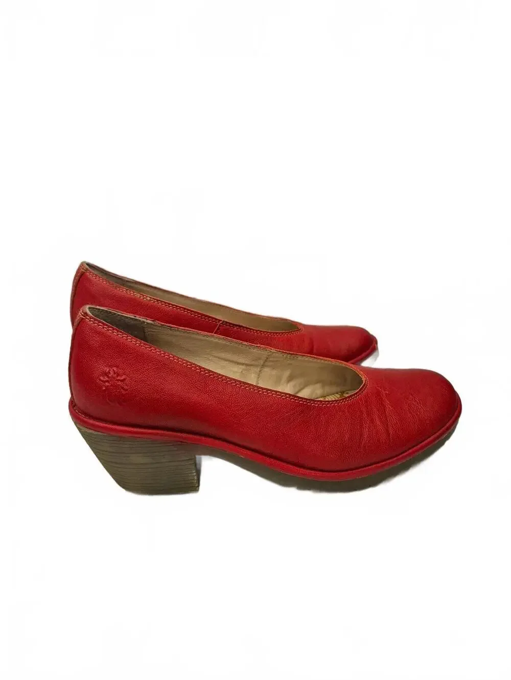 Fly London Red Leather Block Heel Pumps. Features Soft Leather Uppers, Slip-On D